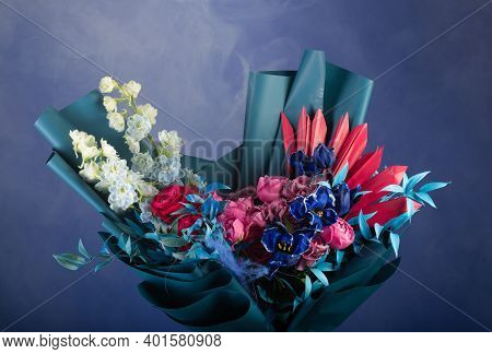 Clorfull Flowers Bouquet Studio Shot On Blue Background
