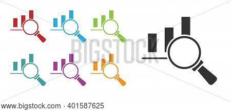 Black Magnifying Glass And Data Analysis Icon Isolated On White Background. Set Icons Colorful. Vect