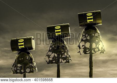 Three Oil Fountains Shooting Black Liquid Up And Splashing In A Shape Of Graph With A Black Metal Oi