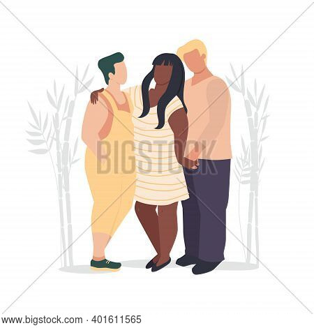 Three People In Love Vector Illustration. Polyamory Concept. Modern Family Portrait Isolated On Whit