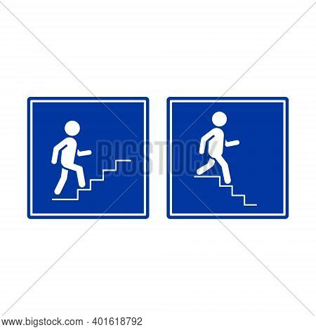 Road Sign Underpass Overpass. Upstairs And Downstairs Icon. Walking Man In The Stairs Flat Design. V