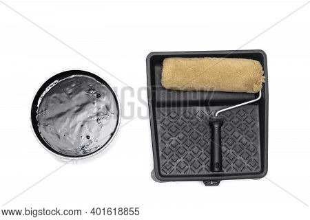 Paint Roller And Painting Cuvette Isolated On The White Background.