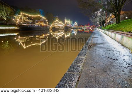 Turku, Finland - January 01, 2021: Night River Aura Aurajoki In Turku, Finland.