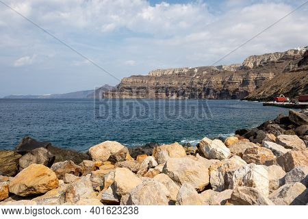 Athinios Ferry Port In Santorini Located In The Southwest Side Of The Island. Cyclades, Greece