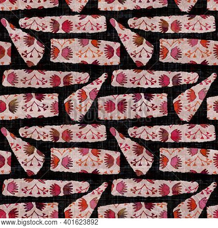 Seamless Dark Geometric Block Print Background. Boho Ethnic Soft Furnishing Fabric Style. Tie Dye Pa