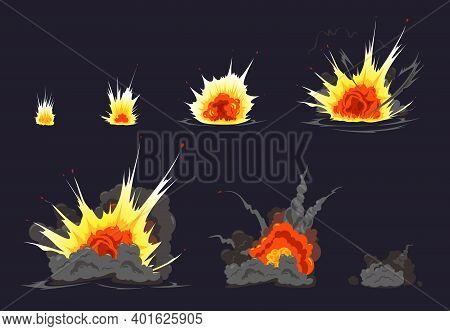 Bomb Explosion Cartoon Animation Comics Strip Series With Colorful Fire Bang Debris Cloud Black Back