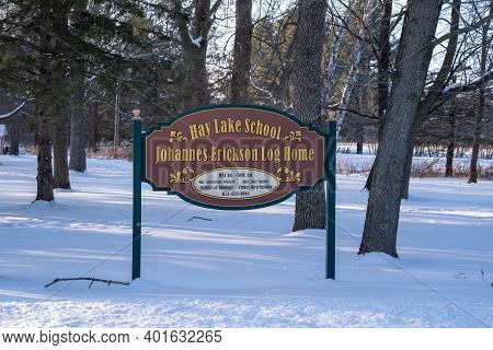Scandia, Minnesota - January 2, 2021: Sign For The Hay Lake School And Historic Johannes Erickson Lo
