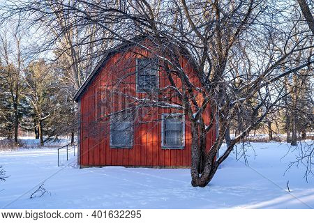 Scandia, Minnesota - January 2, 2021: Exterior Of The Historic Johannes Erickson Log Home, In Winter