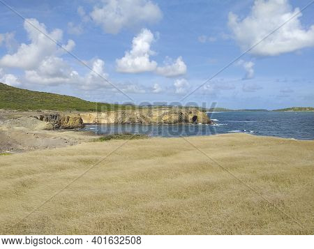 Caribbean Landscape With Vegetation, Volcanic Cliff And Waves Breaking Over Volcanic Rocks.savanna O