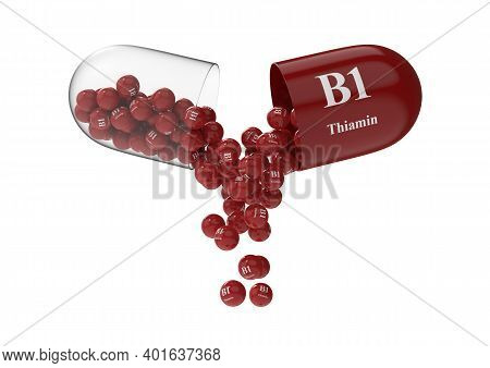 Open Capsule With B1 Thiamin From Which The Vitamin Composition Is Poured. Medical 3d Rendering Illu