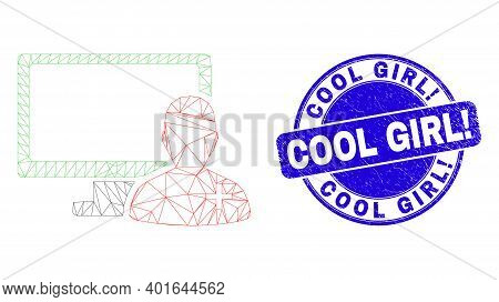 Web Carcass Online Doctor Icon And Cool Girl Exclamation Seal Stamp. Blue Vector Rounded Grunge Seal