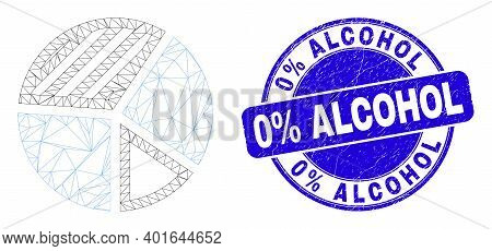 Web Carcass Pie Chart Pictogram And 0 Percents Alcohol Seal Stamp. Blue Vector Rounded Scratched Sea