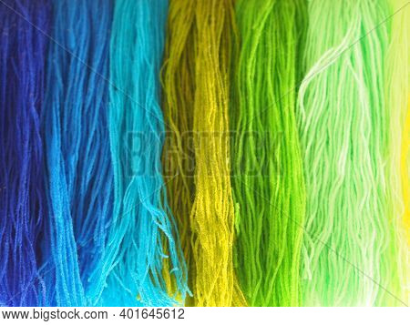 Yarn, Garn Several Colors Arranged Abstract Gradient For Background, Colorful Yellow Green Blue Purp
