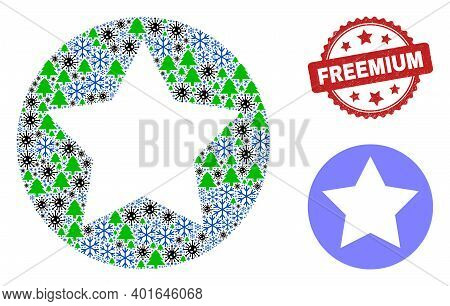 Winter Covid Collage Rounded Star, And Grunge Freemium Red Rosette Stamp. Collage Rounded Star Is Co