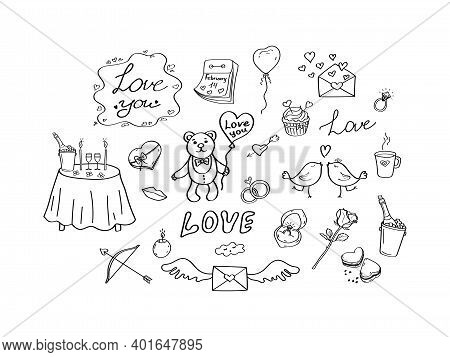 Valentines Day Doodle Set. Collection Hand-drawn Vector Elements For Wedding Or Valentines Day Desig