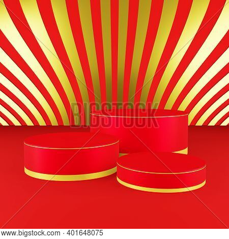 Red Cylinder Podium With Golden Girdle Or Stage Background For Show Product With Red And Gold Backgr