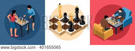 Isometric Chess Design Concept With Human Characters Playing Game On Chequerboard And Closeup View O