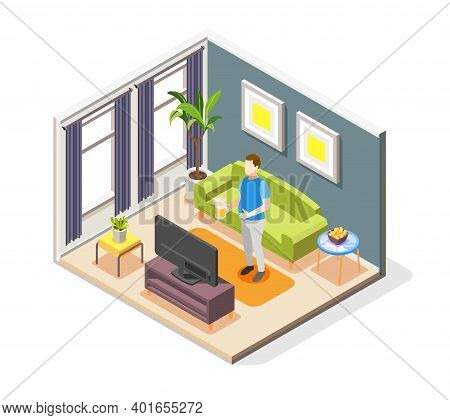 Men Loneliness And Leisure Time Problems Isometric Composition With Man Home Drinking Beer Watching 