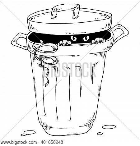 Cat Is In The Trash Can. Vector Cat Eyes. Waste Tank.