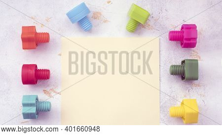 Mock Up Background Educational Constructor For Children, Nuts And Bolts In The Form Of Geometric Sha