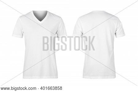 White Woman V-nect T-shirts Front And Back Isolated On White Background, Clipping Path.