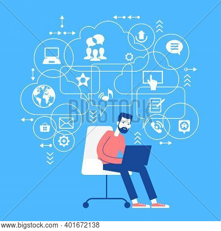 Vector Background. Social Media Concept. Сommunication In The Global Computer Networks. Set  Flat De