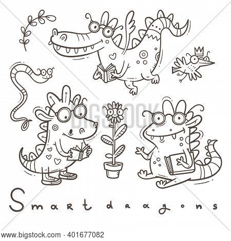 Set With  Cute Smart Dragon. Funny Crocodile Collection. Reading Reptile Poster. Vector Doodle Line 