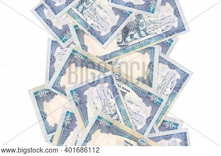 50 Nepalese Rupees Bills Flying Down Isolated On White. Many Banknotes Falling With White Copy Space