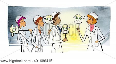 Acquaintance With A New Team. New Leader. Group Of People In White Coats With Sheep Masks In Their H