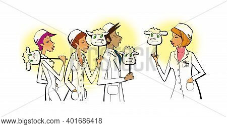 Acquaintance With A New Team. New Leader. Group Of People In White Coats With Sheep Masks In Their H