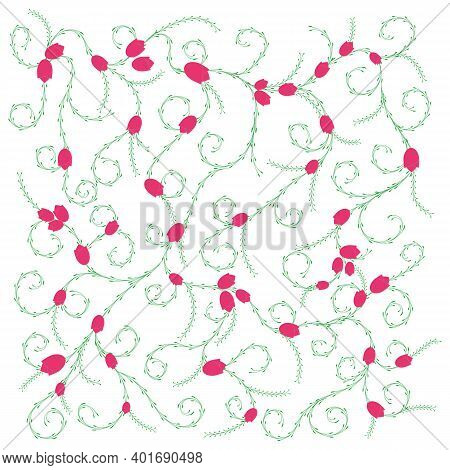 Floral Ornament, Abstract Background, Floral Pattern Of Loach Branches And Pink Flowers All Over The