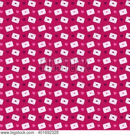 Bright Valentines Day Seamless Patttern Whith Hearts And Envelopes In Pink Colors. Vector Backgroung