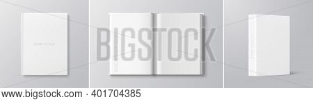 Vector White Book Mockup Set - Cover, Spread, Spine. Realistic Blank Book In Hardcover In Different 