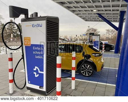Rutesheim, Germany - December 27, 2020: The Newly Opened Electric Vehicle Charging Station Operated 