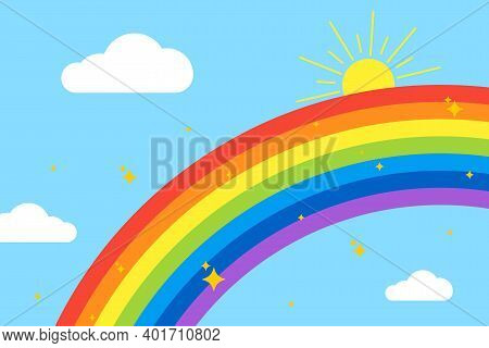 Rainbow Background. Sky With Rainbow, Clouds, Sun And Stars. Isolated On Light Blue Background. Vect