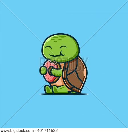 Vector Illustration. A Picture Of A Cute Turtle Eating Donuts Cheerfully. Cartoon And Animal Charact