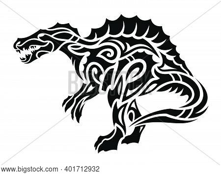 Beautiful Tribal Tattoo Vector Illustration With Cartoon Stylized Spinosaur Silhouette Isolated On T