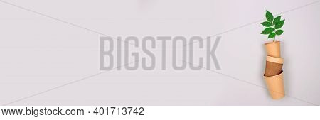 Banner With Set Of Different Eco-friendly Coffee To Go Cups - Kraft Paper Cup With Green Leaves Abov