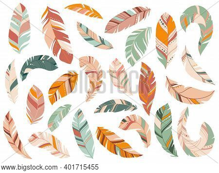 Tribal Feathers Mint, Coral, Navy And Yellow Gold Vector Set. Fluffy Feathering Quil And Colorful Fe