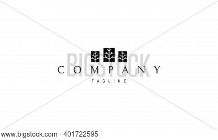 Vector Logo On Which An Abstract Image Of Three Walls With Silhouettes Of Trees.