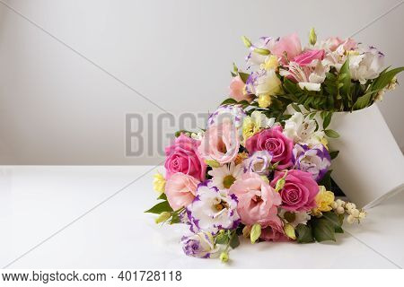 Mock Up Two Bouquets Of Different Sizes Of Roses, Daisies, Lisianthus, Chrysanthemums, Unopened Buds