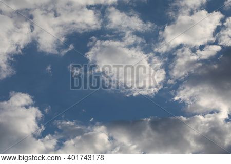 Bright Sunny Day, Cloudscape Full Of White Fluffy Cummulus Clouds, Natural Colors