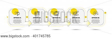 Bus, Vip Flight And Push Cart Line Icons Set. Timeline Process Flowchart. Return Package Sign. Touri