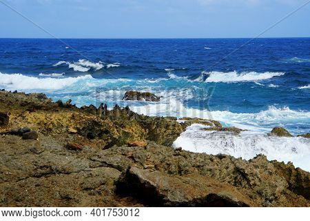 Rocky Cliffs With Rough Waves Near Andicuri Beach, Aruba