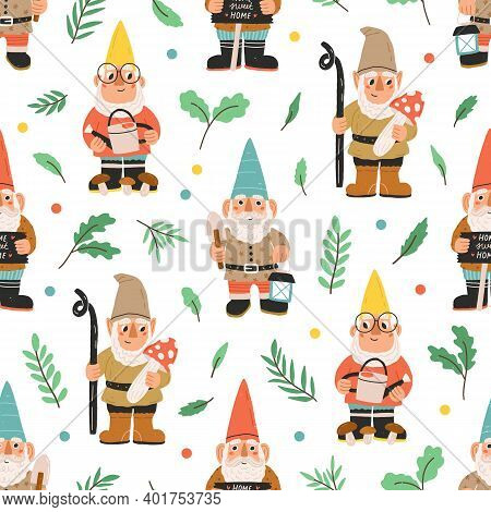Seamless Pattern With Bearded Gnomes, Dwarfs, Elves, Plants, Leaves And Colorful Dots On White Backg