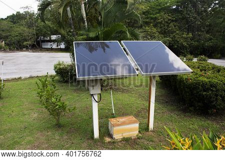 Solar Cell Panel For Made Electricity At Garden Outdoor At Stupa Museum Of Monk Luang Pu Khao Ananyo