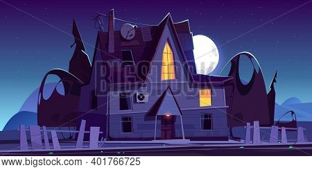 Old Scary House With Glow Windows At Night. Vector Cartoon Landscape With Spooky Wooden Mansion, Bro