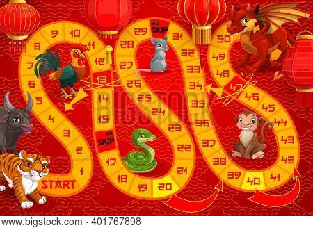 New Year Holiday Boardgame For Kids With Chinese Calendar Animals. Child Roll And Move Board Game Te