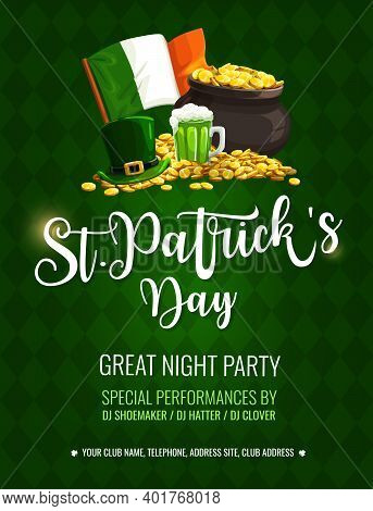 St. Patrick Day Cartoon Vector Poster With Top Hat, Pint Of Ireland Ale, Leprechaun Pot With Gold An