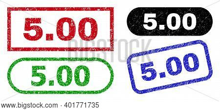 5.00 Grunge Seal Stamps. Flat Vector Scratched Seal Stamps With 5.00 Slogan Inside Different Rectang